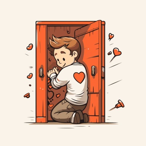 Vector illustration of a young man in love coming out of the doo