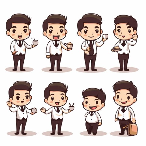 Set of waiter cartoon character with various poses and gestures.