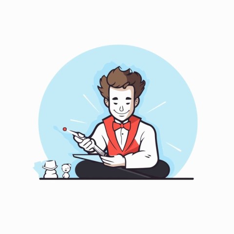 Businessman working on tablet. Vector illustration in flat carto