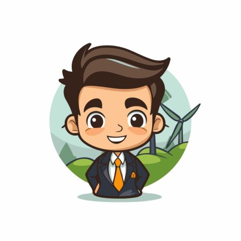 businessman character with wind turbine and windmill vector illu