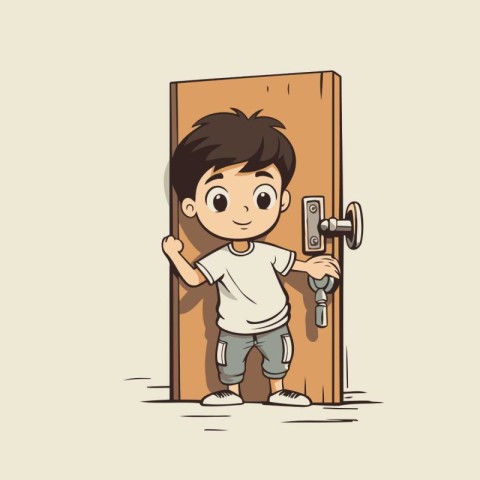 Cartoon boy holding key in door. Vector illustration for your de