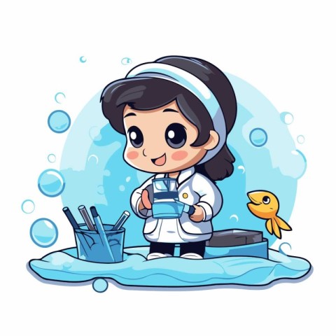 Cartoon illustration of a cute girl in a lab coat and cap holdin