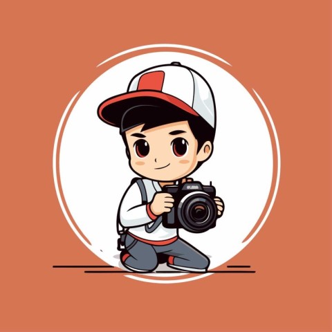 Cute little boy with camera. Vector illustration in cartoon styl