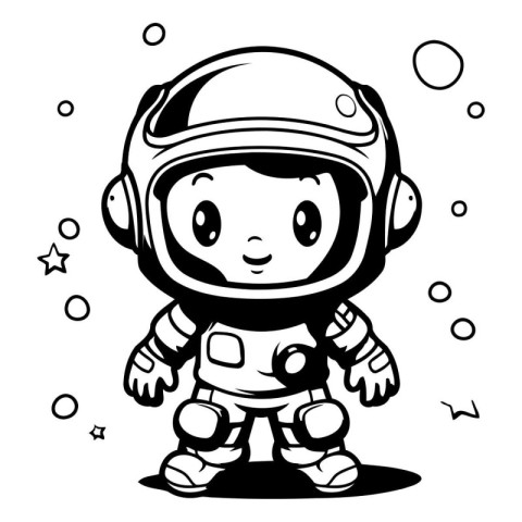 Cute astronaut boy in spacesuit. black and white vector illustra