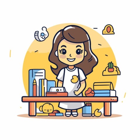 Cute girl doing homework at home. Vector illustration in a flat