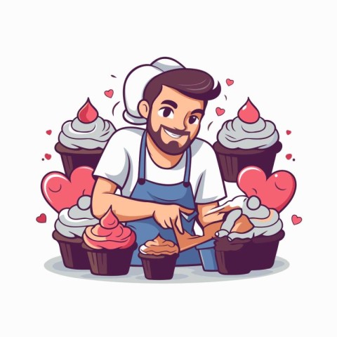 Cartoon vector illustration of a male chef decorating cupcakes.