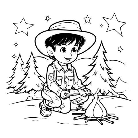 Boy Camping - Black and White Cartoon Illustration. Vector Art