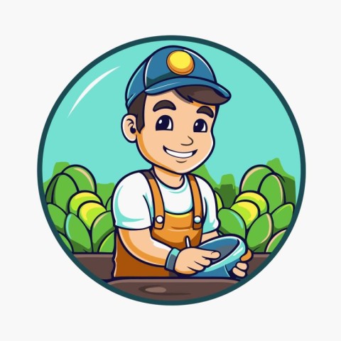 Vector illustration of a farmer with a shovel in his hand. Round