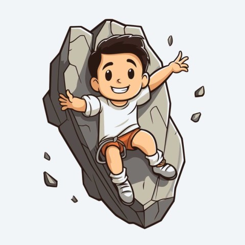 Climbing boy on the rock. Vector illustration. Cartoon style.