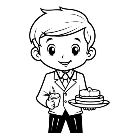 Cute Boy with Cake - Black and White Cartoon Illustration. Vecto