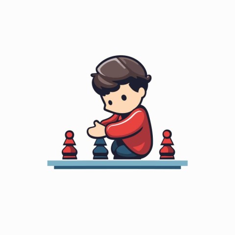 Boy playing chess flat icon isolated on white background. Vector