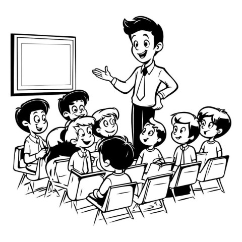 Teacher and students in classroom. Black and white vector illust