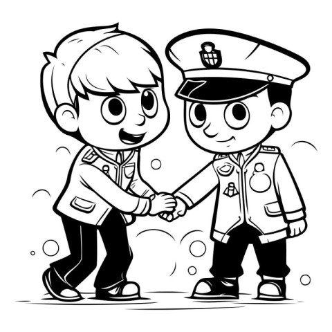 Boy and boy in police uniform shaking hands - black and white ve