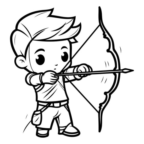 Boy with bow and arrow - Black and White Cartoon Illustration. V