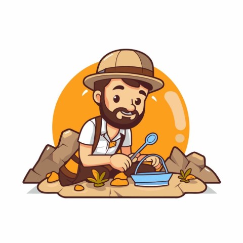 Cartoon farmer with a shovel and watering can. Vector illustrati