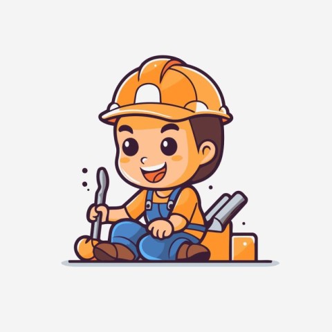 Cute little builder boy in helmet with tools. Vector illustratio