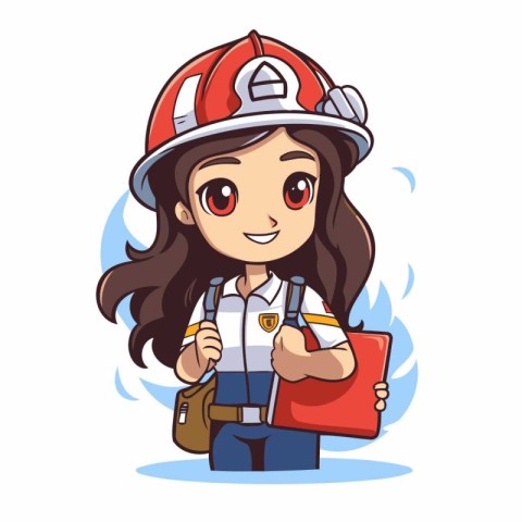 Cute little girl firefighter with helmet and book. Vector illust