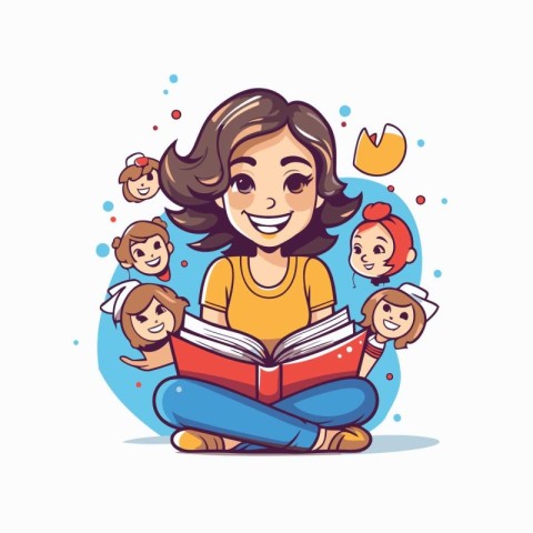 Vector illustration of a happy girl reading a book with her frie