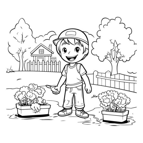 Outdoor gardening boy coloring page. Vector illustration of a li