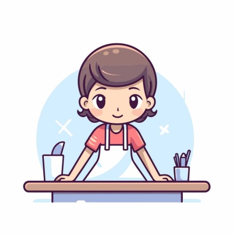 Cute boy in apron sitting at table. Vector illustration.