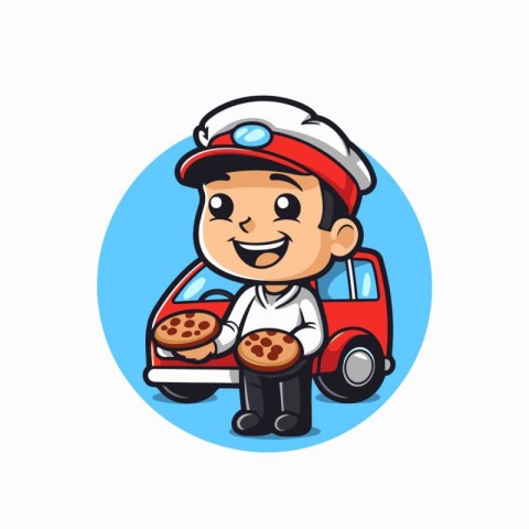 Illustration of a boy in a chef hat holding a pizza and a car