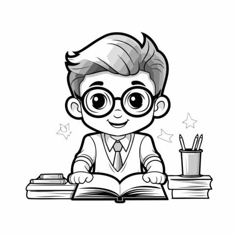 Vector illustration of a boy in glasses reading a book. Black an