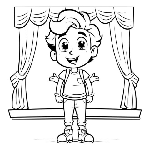 Boy on stage with curtains - Coloring book for adults - Vector i