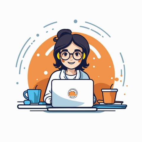 Young woman working at home. Freelance. remote work. Vector illu