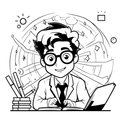 Black and White Cartoon Illustration of Man Student with Laptop