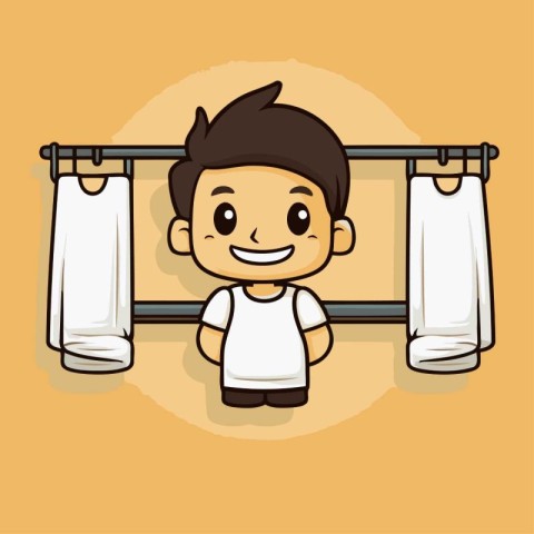 Cute boy hanging clothes on the clothesline. Vector illustration