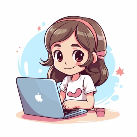 Cute little girl using laptop. Vector illustration in cartoon st