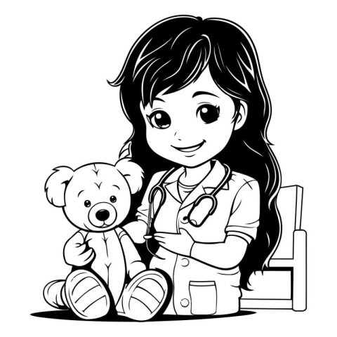 Illustration of a Cute Little Girl with a Teddy Bear and Stethos