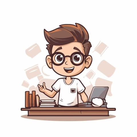 Cute nerd boy sitting at desk and using laptop. Vector illustrat