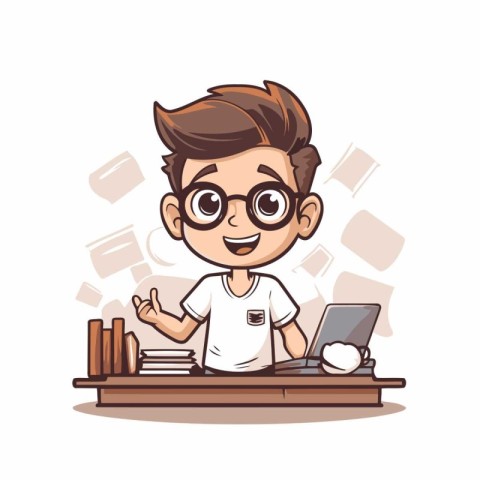 Cute nerd boy sitting at desk and using laptop. Vector illustrat