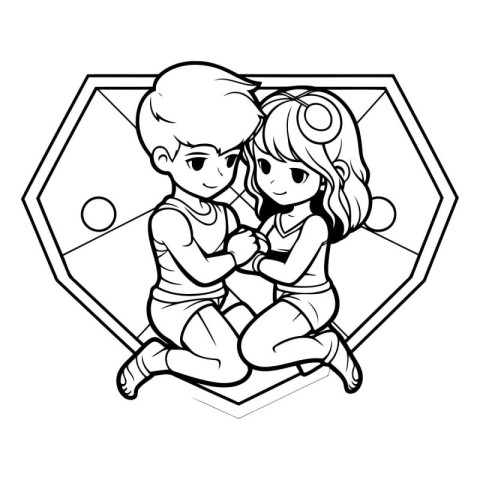 Cute little boy and girl playing soccer. Monochrome vector illus