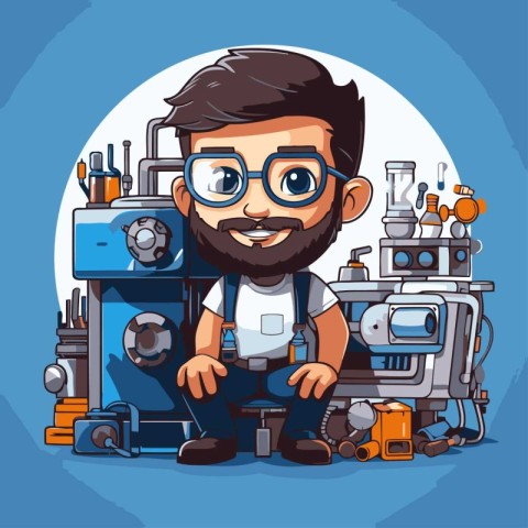 Cartoon mechanic with tools. Vector illustration of a cartoon me