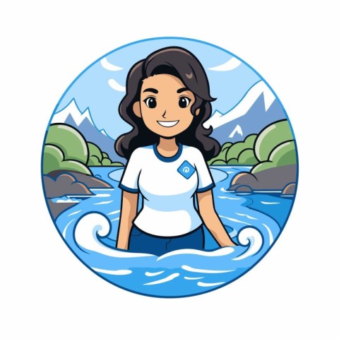 Cute cartoon girl with surfboard in the river. Vector illustrati