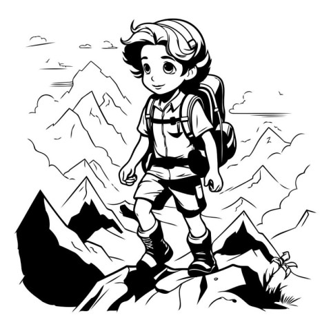 Boy hiking in the mountains. Black and white vector illustration