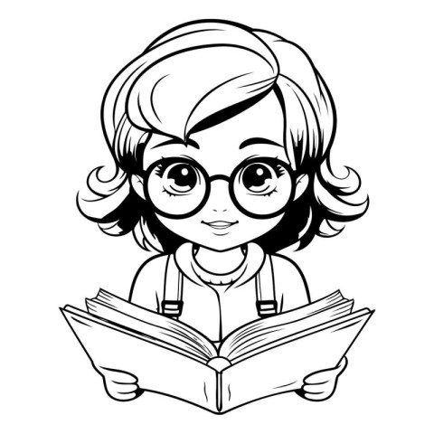 Cute Cartoon Girl Reading a Book - Black and White Vector Illust