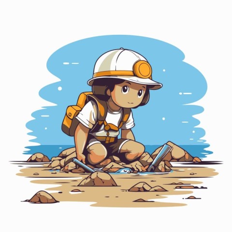 Illustration of a boy in a helmet on the seashore