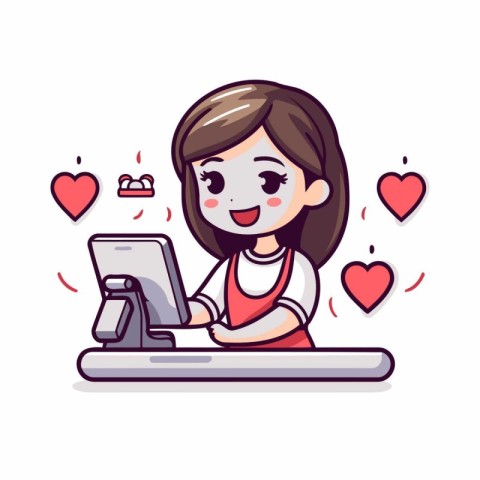 Cute girl with laptop and hearts. Vector illustration in cartoon