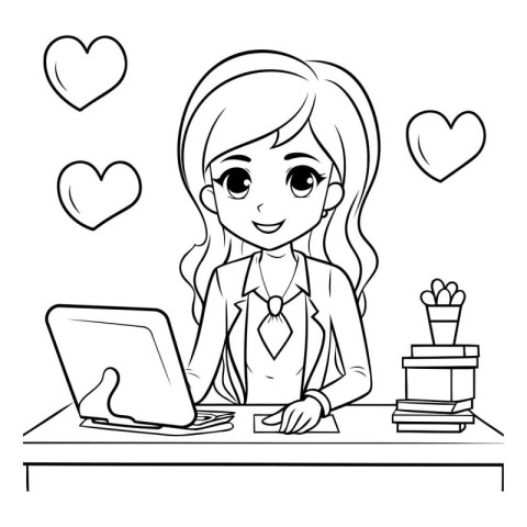 Cute cartoon girl with laptop in office. Vector illustration for