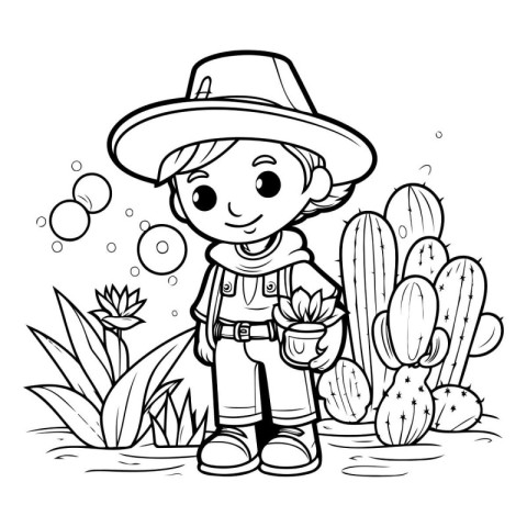 Coloring Page Outline Of a Kid Boy with Cacti