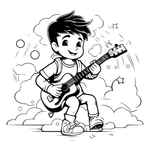 Boy playing the guitar in the clouds. Black and white vector ill