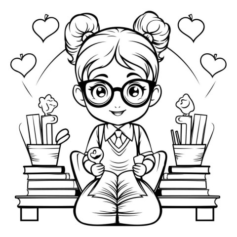 Girl with glasses sitting on the books. Black and white vector i