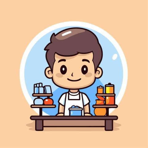 Cute little boy playing in the shop. Vector flat cartoon illustr