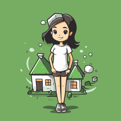 Cartoon cute girl with house. Vector illustration for your desig