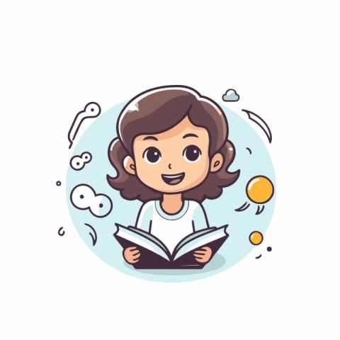 Cute little girl reading a book. Vector illustration in cartoon