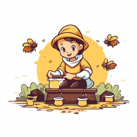 Cute cartoon little boy making coffee in the garden. Vector illu