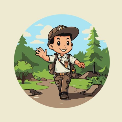 Boy scout with backpack and hat. Vector illustration in cartoon